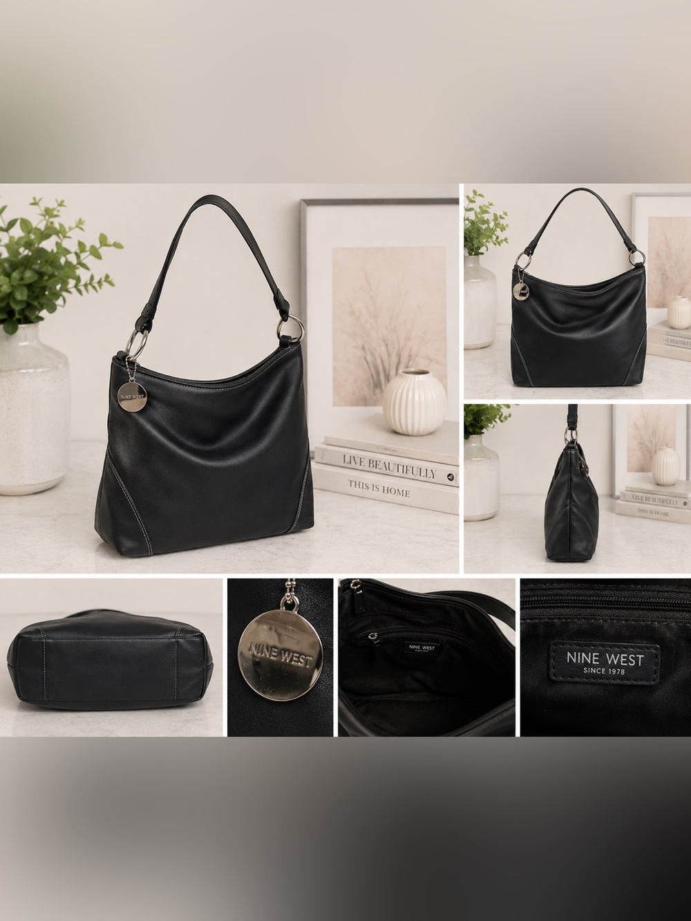 Nine West Black Hobo Shoulder Bag Silver Hardware Classic Everyday Purse